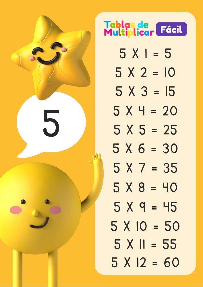 Tabla del 5 para niños, descargar PDF para imprimir